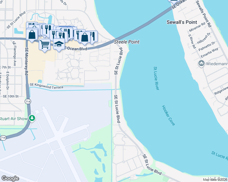 map of restaurants, bars, coffee shops, grocery stores, and more near 1094 Southeast Saint Lucie Boulevard in Stuart