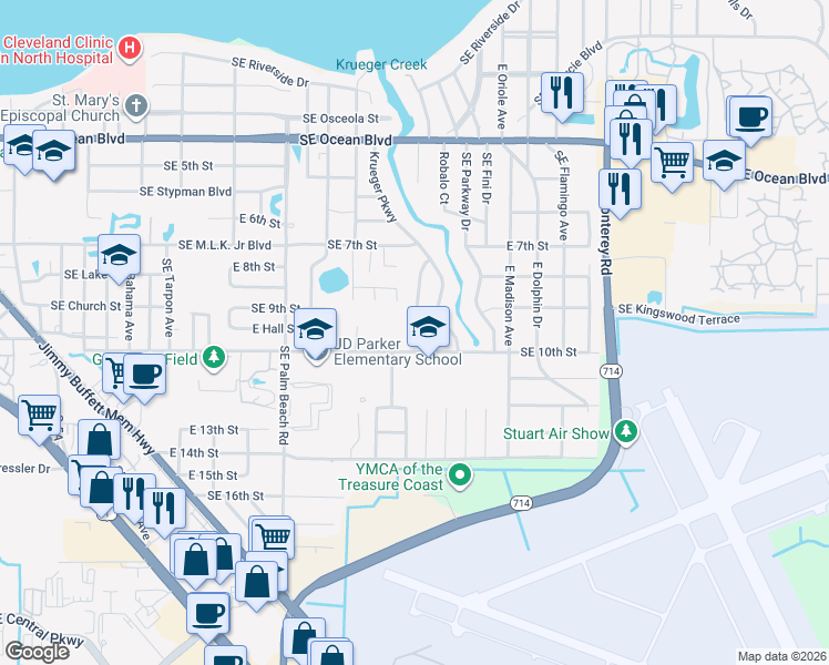 map of restaurants, bars, coffee shops, grocery stores, and more near 1121 Southeast 10th Street in Stuart