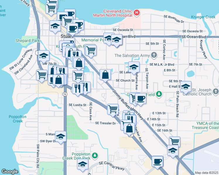 map of restaurants, bars, coffee shops, grocery stores, and more near 937 Southeast Florida Street in Stuart