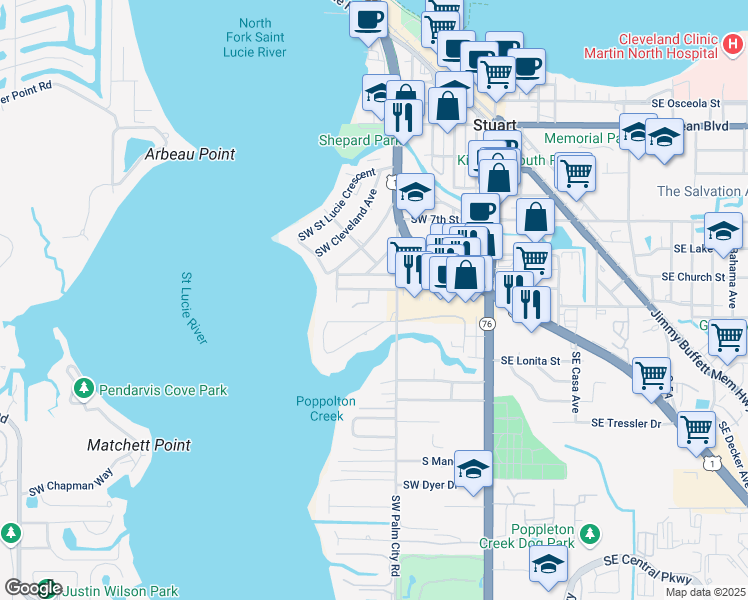 map of restaurants, bars, coffee shops, grocery stores, and more near 924 Southwest Palm City Road in Stuart