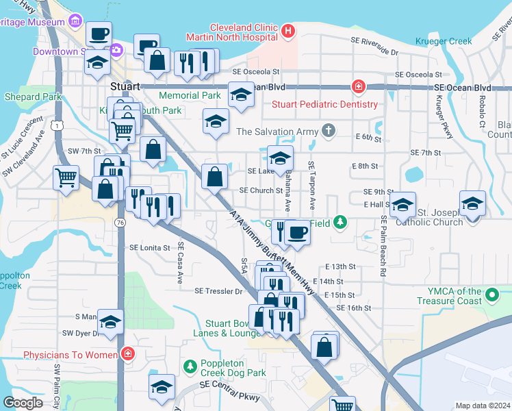 map of restaurants, bars, coffee shops, grocery stores, and more near 933 Southeast Bayou Avenue in Stuart