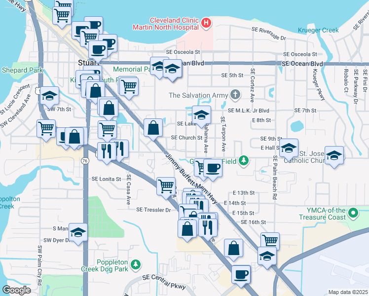 map of restaurants, bars, coffee shops, grocery stores, and more near 933 Southeast Bayou Avenue in Stuart