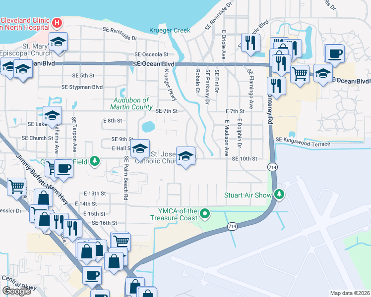 map of restaurants, bars, coffee shops, grocery stores, and more near 842 Southeast Stafford Drive in Stuart