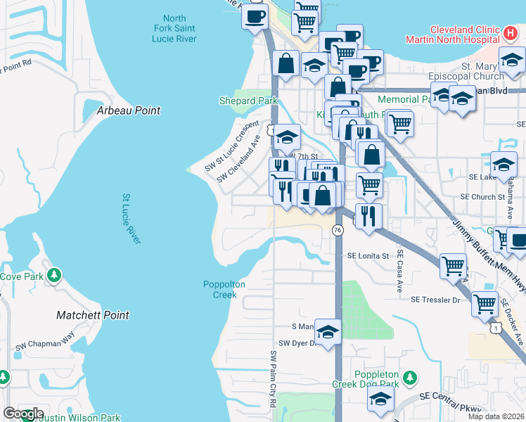 map of restaurants, bars, coffee shops, grocery stores, and more near 924 Southwest Palm City Road in Stuart