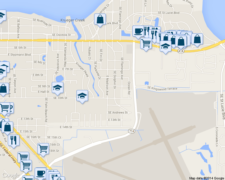 map of restaurants, bars, coffee shops, grocery stores, and more near 933 East Madison Avenue in Stuart
