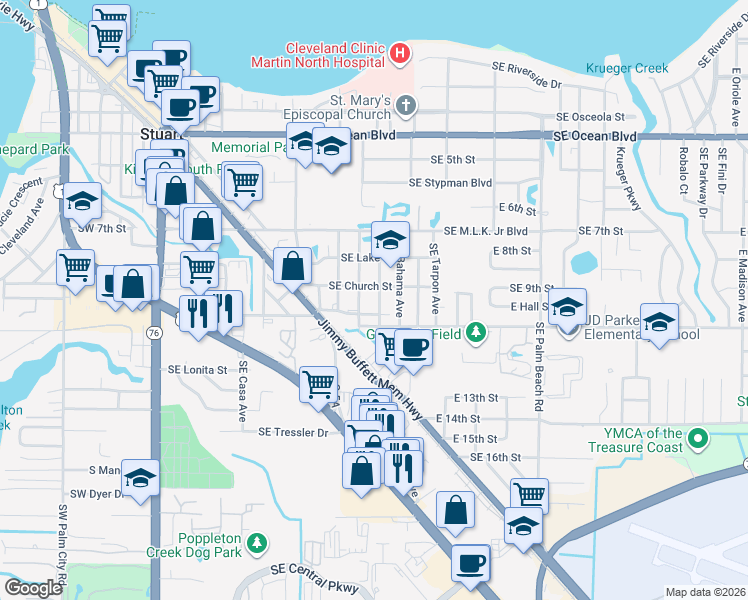 map of restaurants, bars, coffee shops, grocery stores, and more near 933 Southeast Bayou Avenue in Stuart
