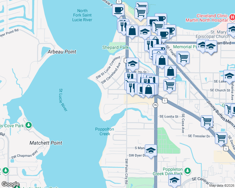 map of restaurants, bars, coffee shops, grocery stores, and more near 713 Southwest Bryant Avenue in Stuart