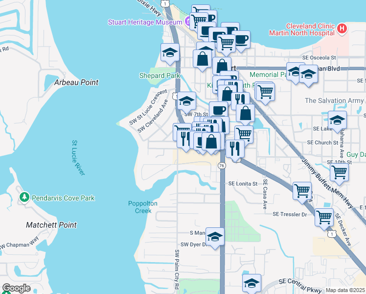 map of restaurants, bars, coffee shops, grocery stores, and more near 730 Southwest Palm City Road in Stuart