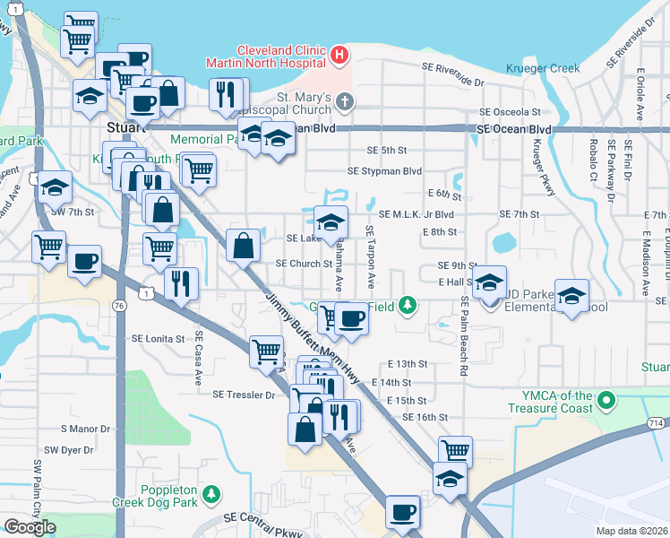 map of restaurants, bars, coffee shops, grocery stores, and more near 819 Southeast Bahama Avenue in Stuart