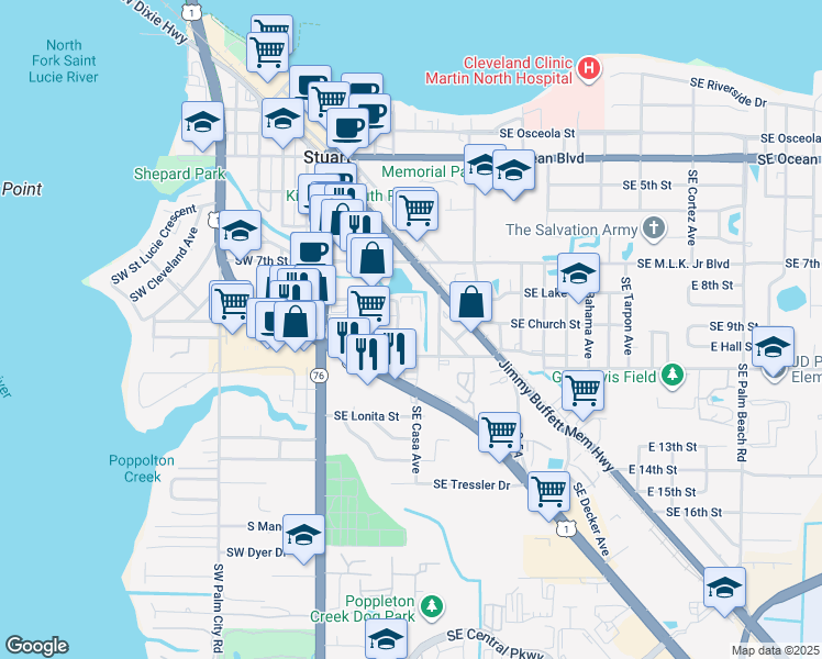 map of restaurants, bars, coffee shops, grocery stores, and more near in Stuart