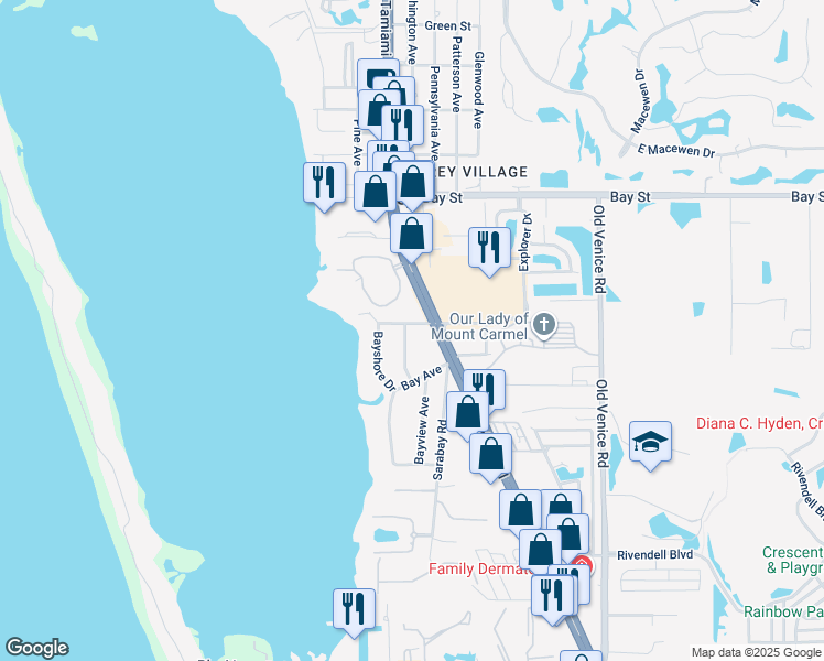 map of restaurants, bars, coffee shops, grocery stores, and more near 14 Bay Acres Avenue in Osprey