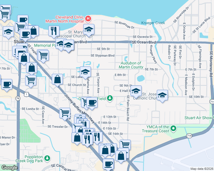 map of restaurants, bars, coffee shops, grocery stores, and more near 917 Southeast Forrest Park Drive in Stuart