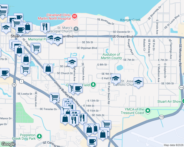 map of restaurants, bars, coffee shops, grocery stores, and more near 917 Southeast Forrest Park Drive in Stuart