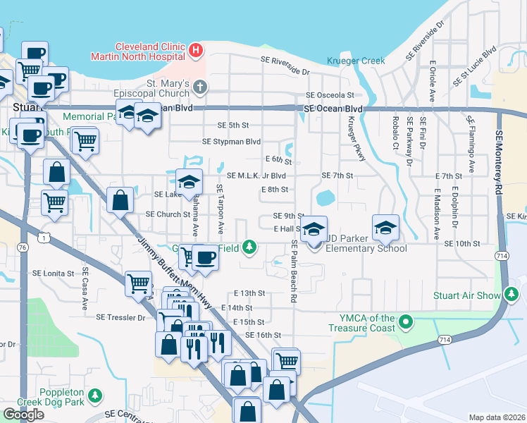map of restaurants, bars, coffee shops, grocery stores, and more near 911 Southeast 9th Street in Stuart