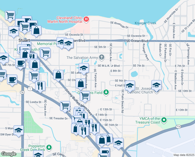 map of restaurants, bars, coffee shops, grocery stores, and more near 827 Southeast Tarpon Avenue in Stuart