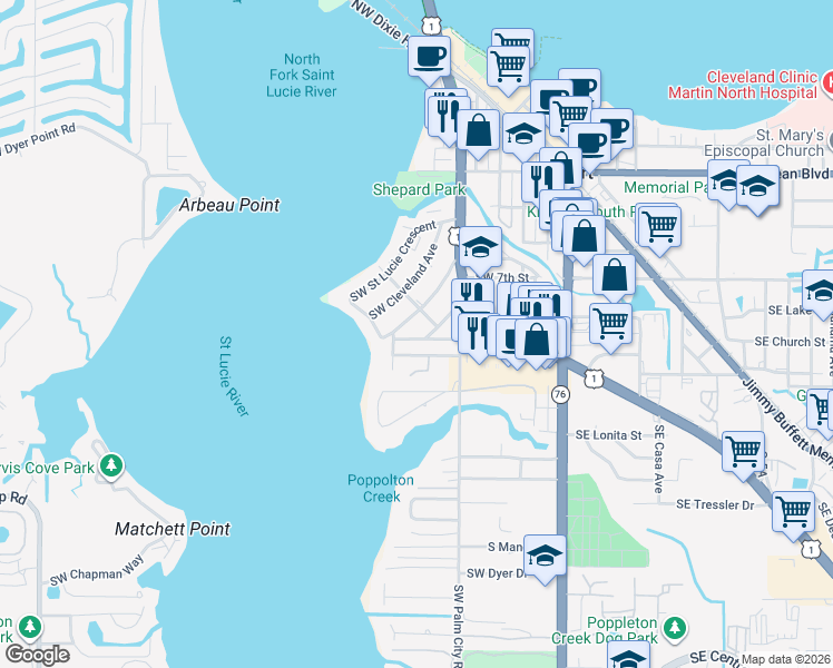 map of restaurants, bars, coffee shops, grocery stores, and more near 713 Southwest Bryant Avenue in Stuart