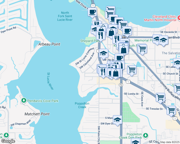 map of restaurants, bars, coffee shops, grocery stores, and more near 713 Southwest Bryant Avenue in Stuart