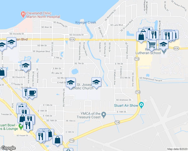 map of restaurants, bars, coffee shops, grocery stores, and more near 829 Southeast Stafford Drive in Stuart