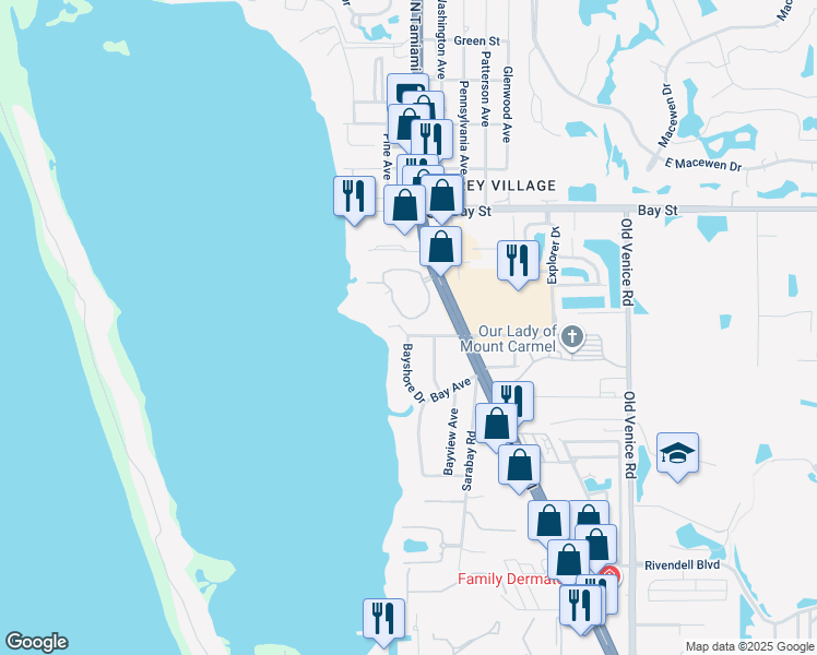 map of restaurants, bars, coffee shops, grocery stores, and more near 315 Bayshore Drive in Osprey