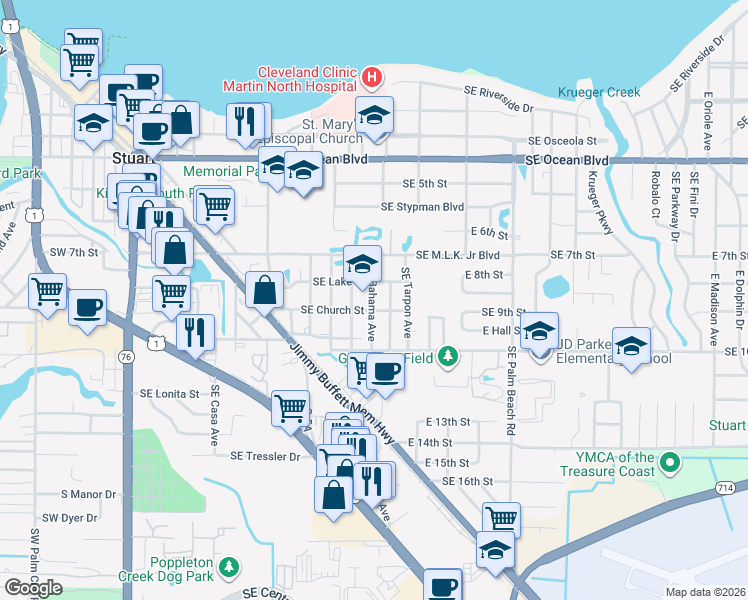 map of restaurants, bars, coffee shops, grocery stores, and more near 819 Southeast Bahama Avenue in Stuart