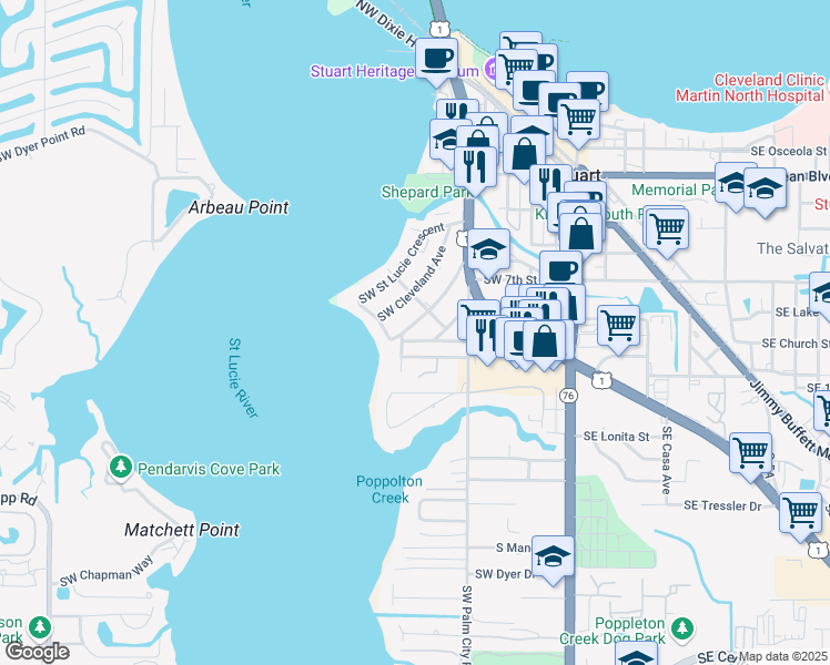 map of restaurants, bars, coffee shops, grocery stores, and more near 713 Southwest Bryant Avenue in Stuart