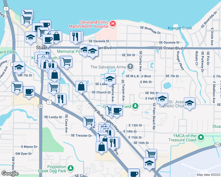 map of restaurants, bars, coffee shops, grocery stores, and more near 800 Southeast Bahama Avenue in Stuart