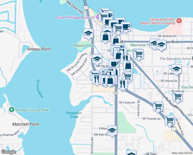 map of restaurants, bars, coffee shops, grocery stores, and more near 730 Southwest Palm City Road in Stuart