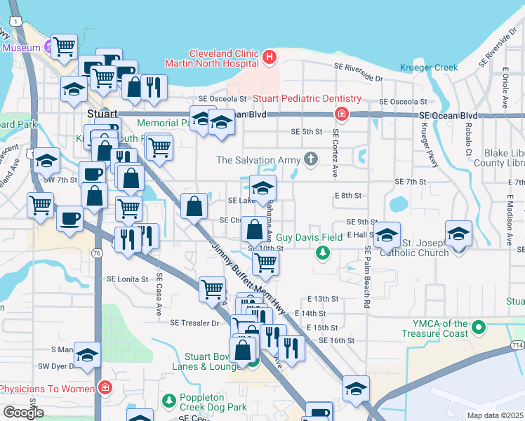 map of restaurants, bars, coffee shops, grocery stores, and more near 800 Southeast Bahama Avenue in Stuart