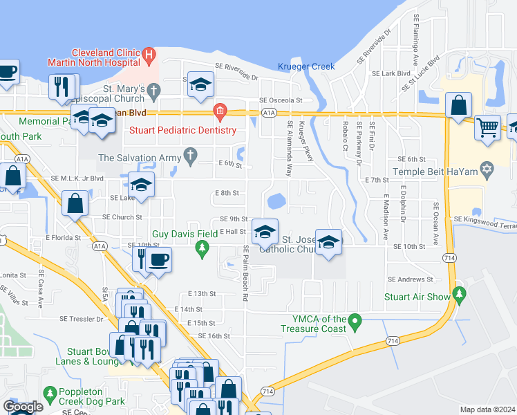 map of restaurants, bars, coffee shops, grocery stores, and more near 716 Southeast Hibiscus Avenue in Stuart