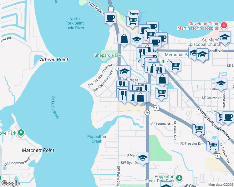 map of restaurants, bars, coffee shops, grocery stores, and more near 828 Southwest Palm City Road in Stuart