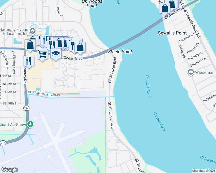 map of restaurants, bars, coffee shops, grocery stores, and more near 984 Southeast Saint Lucie Boulevard in Stuart