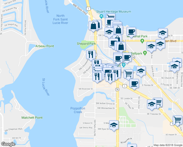 map of restaurants, bars, coffee shops, grocery stores, and more near Southwest Pine Avenue in Stuart