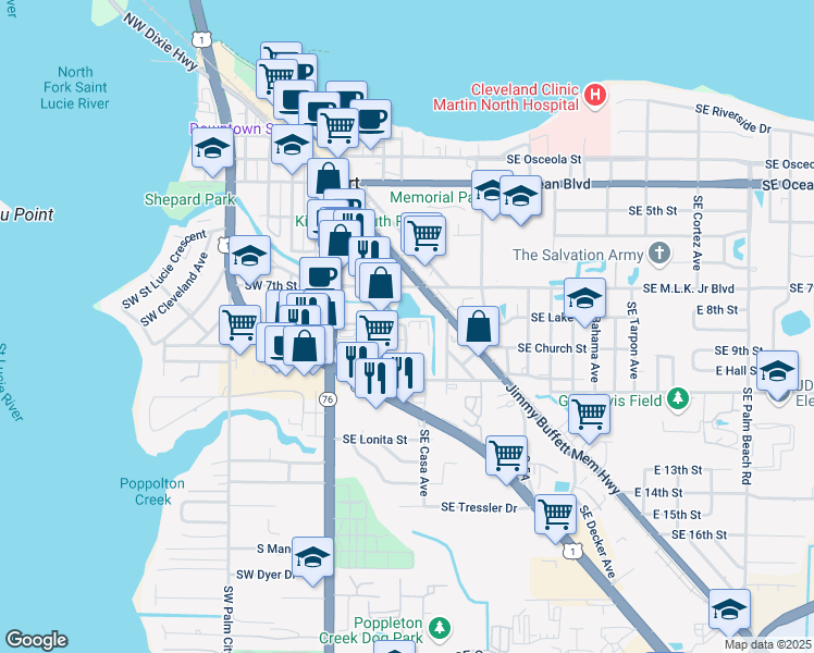 map of restaurants, bars, coffee shops, grocery stores, and more near in Stuart