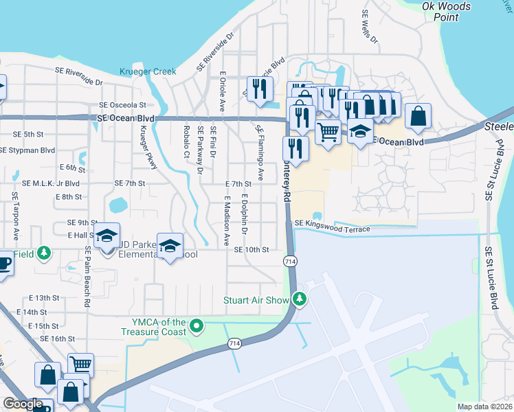 map of restaurants, bars, coffee shops, grocery stores, and more near 814 Southeast Flamingo Avenue in Stuart