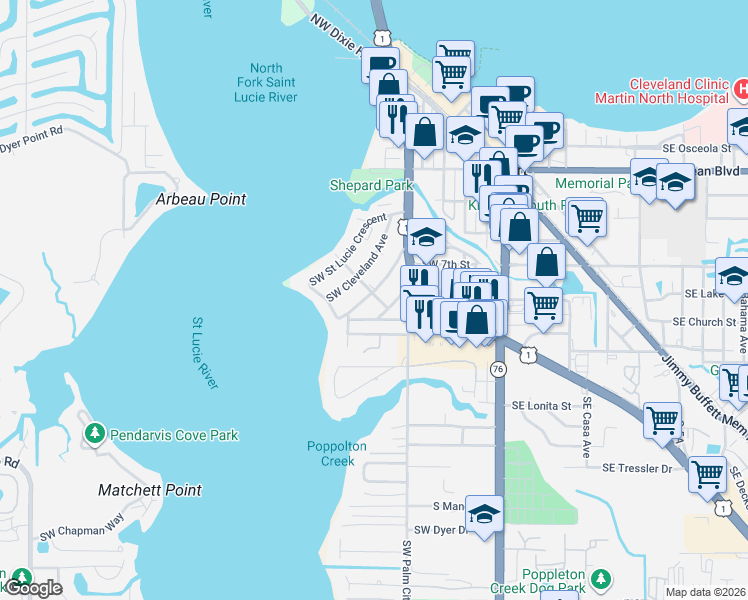 map of restaurants, bars, coffee shops, grocery stores, and more near 713 Southwest Bryant Avenue in Stuart