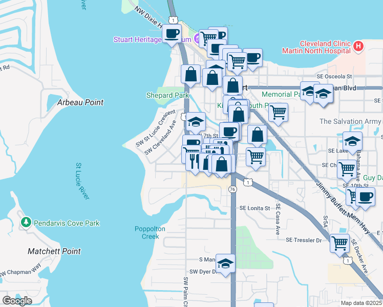 map of restaurants, bars, coffee shops, grocery stores, and more near 730 Southwest Palm City Road in Stuart