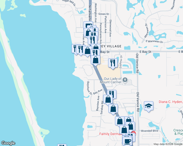 map of restaurants, bars, coffee shops, grocery stores, and more near 454 South Tamiami Trail in Osprey