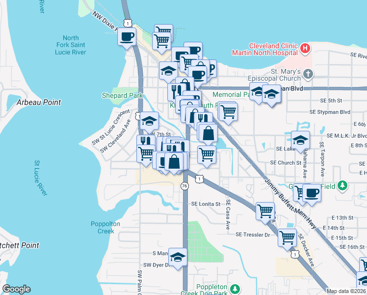 map of restaurants, bars, coffee shops, grocery stores, and more near 729-A South Colorado Avenue in Stuart