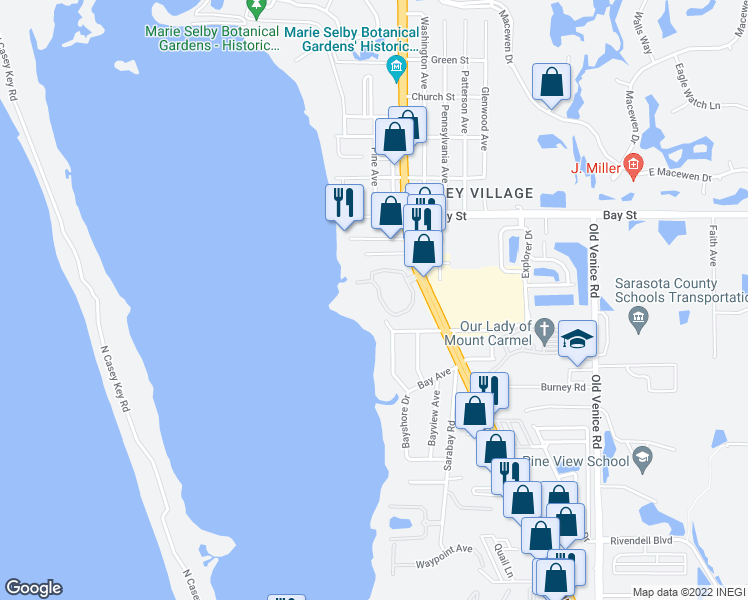 map of restaurants, bars, coffee shops, grocery stores, and more near 300 South Tamiami Trail in Osprey