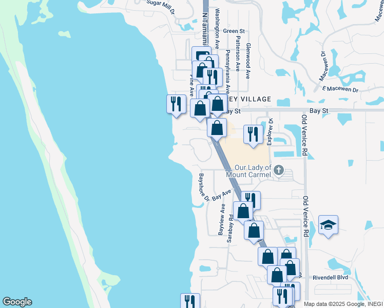 map of restaurants, bars, coffee shops, grocery stores, and more near 300 South Tamiami Trail in Osprey