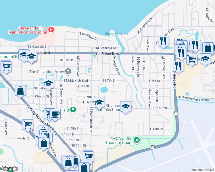 map of restaurants, bars, coffee shops, grocery stores, and more near 1110 East 7th Street in Stuart