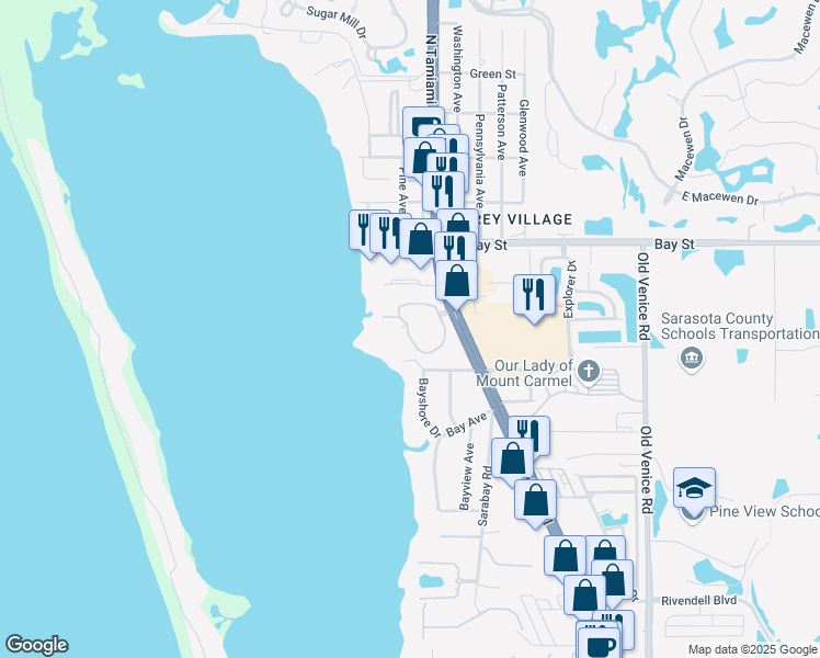 map of restaurants, bars, coffee shops, grocery stores, and more near 300 South Tamiami Trail in Osprey