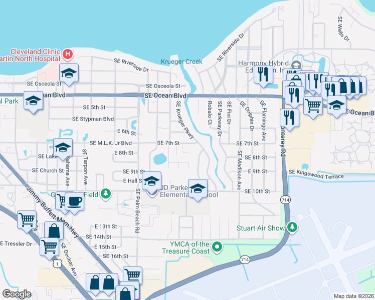 map of restaurants, bars, coffee shops, grocery stores, and more near 1134 East 7th Street in Stuart