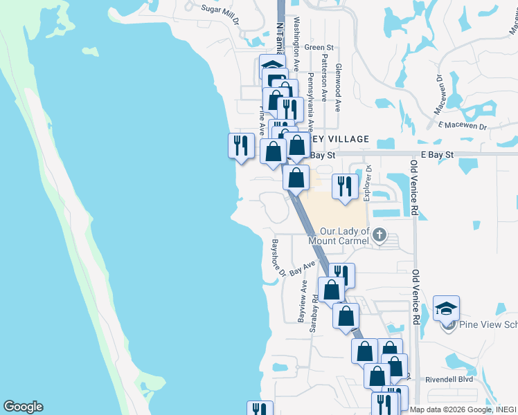 map of restaurants, bars, coffee shops, grocery stores, and more near 300 South Tamiami Trail in Osprey