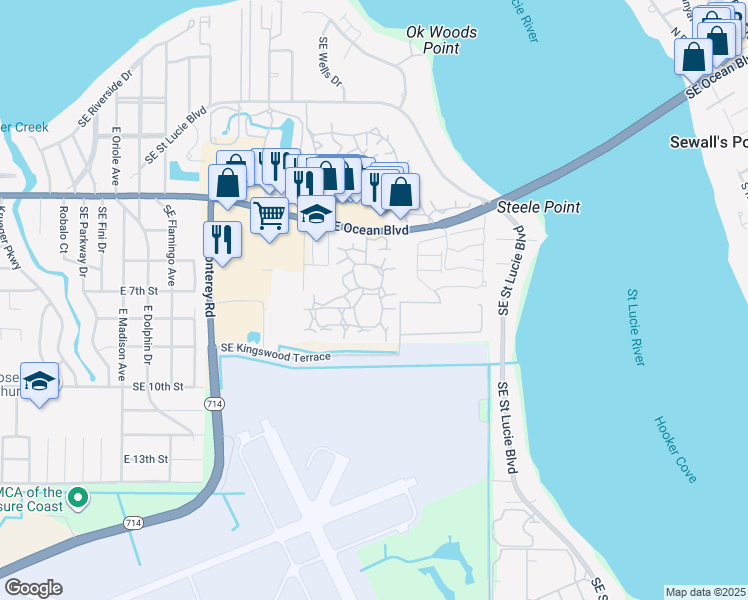 map of restaurants, bars, coffee shops, grocery stores, and more near 2600 Southeast Ocean Boulevard in Stuart