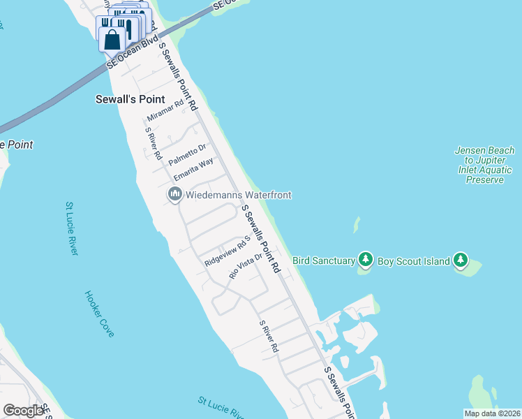 map of restaurants, bars, coffee shops, grocery stores, and more near 70 South Sewalls Point Road in Stuart