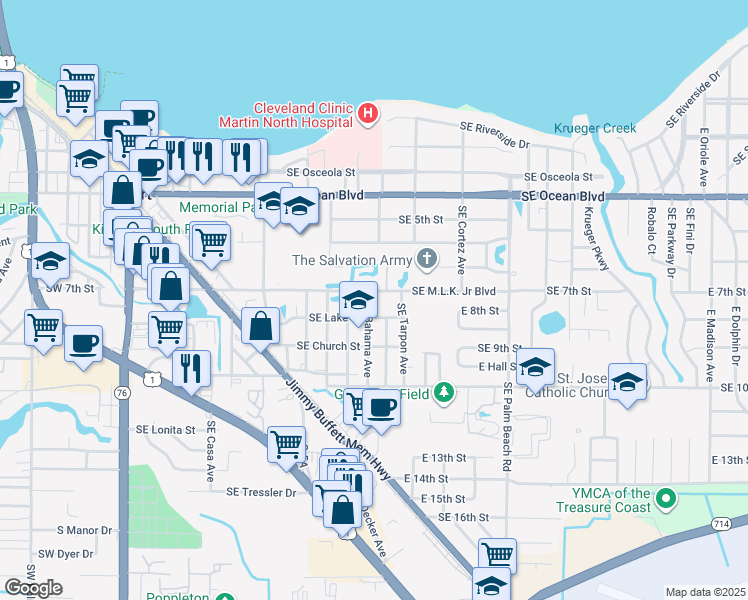 map of restaurants, bars, coffee shops, grocery stores, and more near 709 Southeast Bahama Avenue in Stuart