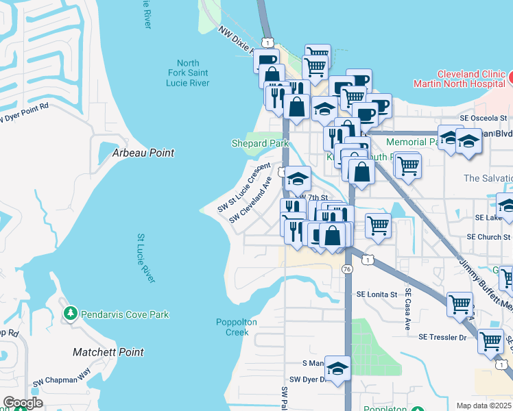map of restaurants, bars, coffee shops, grocery stores, and more near 543 Southwest Riverdale Street in Stuart