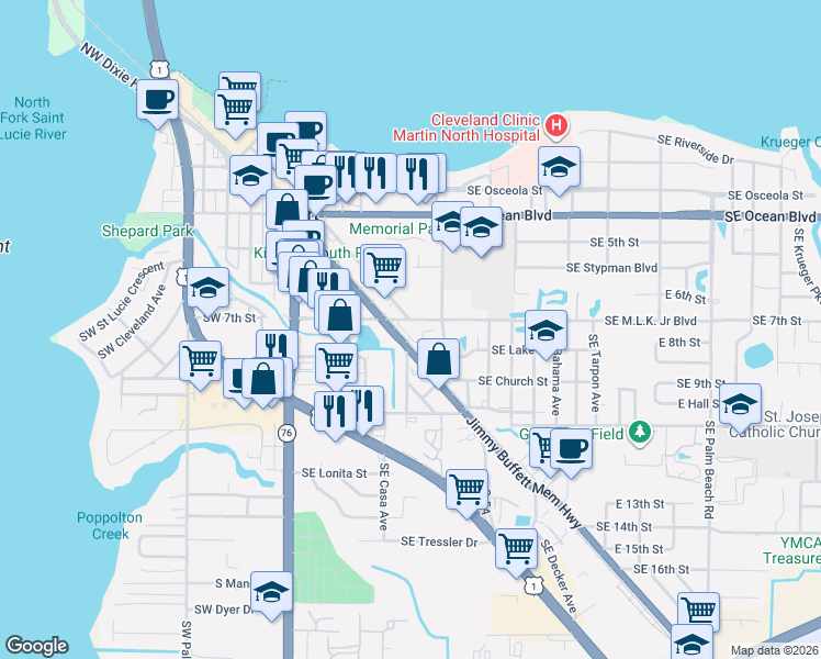 map of restaurants, bars, coffee shops, grocery stores, and more near 304 Southeast Martin Luther King Junior Boulevard in Stuart