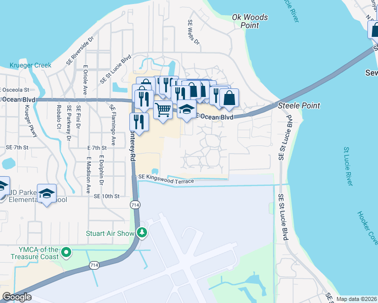 map of restaurants, bars, coffee shops, grocery stores, and more near 2400 Southeast Ocean Boulevard in Stuart